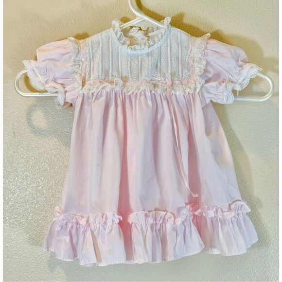 Vintage Yellow Bird 80's Pastel Pink & White Lace Collar Trim Dress 24 Months - Picture 1 of 9